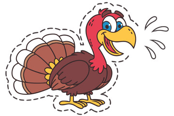 8 Cartoon turkey, sticker style, vibrant colors, red head, blue eyes, yellow beak, brown feathers, fan-shaped tail, Thanksgiving, cute animal illustration, vector art, white outline, simple background