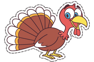 8 Cartoon turkey, sticker style, vibrant colors, red head, blue eyes, yellow beak, brown feathers, fan-shaped tail, Thanksgiving, cute animal illustration, vector art, white outline, simple background