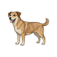Adorable cartoon illustration of a happy dog standing with a cheerful expression, light brown and white fur, and a transparent background. Ideal for pet-themed designs, children's books & educational