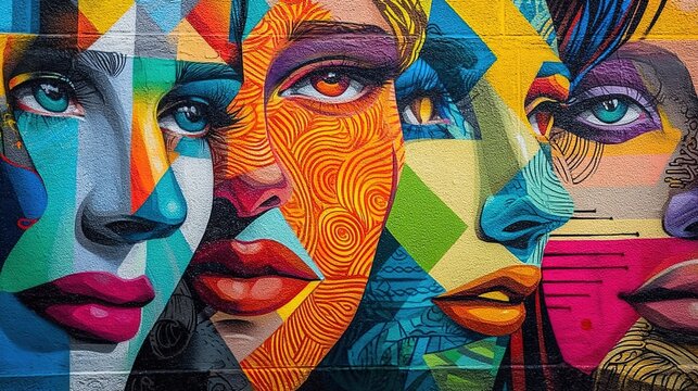 Geometric Portrait Mural. Trio of colorful side-profile faces with abstract patterns on a brick wall. Represents diversity in urban art