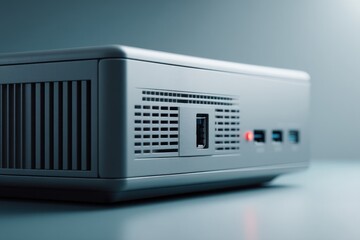 Retro Desktop PC Showcasing Classic Design With Functional Ports and Minimalist Features in a Soft-Lit Environment