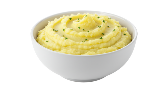 A white bowl filled with creamy mashed potatoes garnished with fresh green herbs on a black background