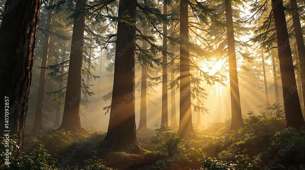 Poster a forest scene with tall trees under the warm light of the setting or rising sun.