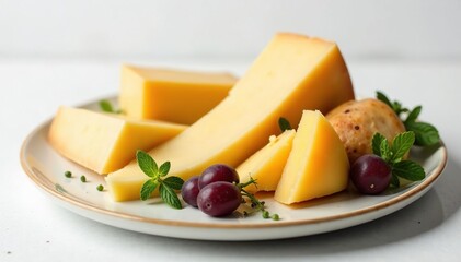 Elegant cheese platter, various cheeses, pristine white backdrop , gourmet, dairy