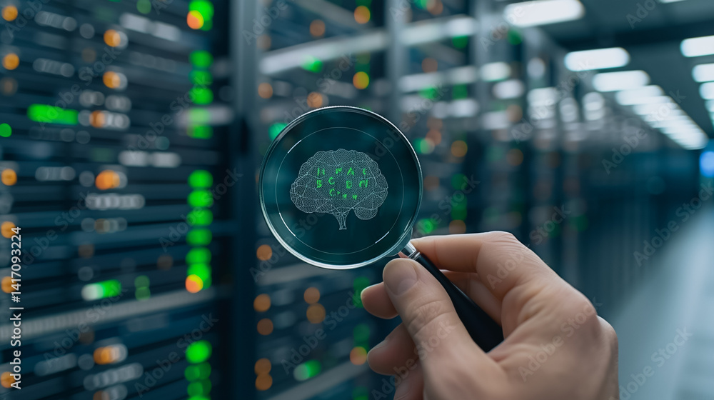 Aufkleber ai brain in data center: the future unfolds as a person examines an artificial intelligence brain in