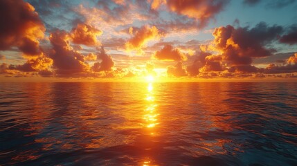 A serene sunset over the ocean with dramatic clouds reflecting vibrant colors in the water, creating a peaceful and picturesque scene.