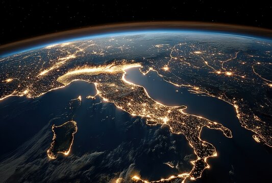 Satellite view of Italy’s city lights at night, highlighting urban sprawl. Used in geography studies or environmental reports to illustrate human activity’s impact.