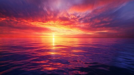 Obraz premium A vibrant sunset over the ocean with vivid colors and reflections on the water surface creating a serene scene