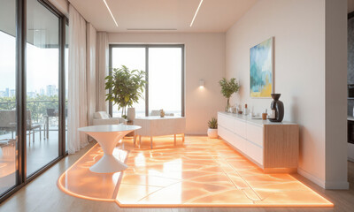 A futuristic smart floor mat with built-in sensors that detect foot traffic and adjust the room's lighting, music, and temperature based on