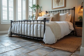 Grey stone-look tile floor with black metal-frame bed and white shutters, low-angle shot of baseboard with magazine stand