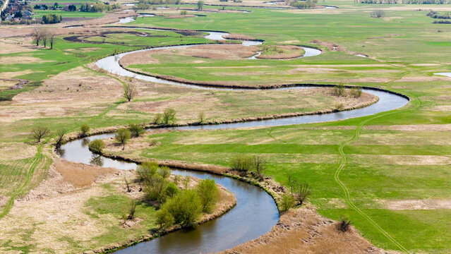 meandering nida river during springtime from above