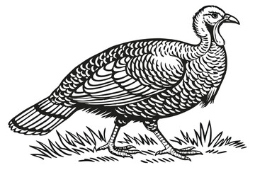 40 Black and white illustration, detailed turkey drawing, woodcut style, engraving technique, intricate feather texture, side profile, fanned tail feathers, vintage wildlife art, high contrast, fine l