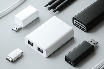 "Minimalist white power bank with USB ports in soft natural light on a white surface"