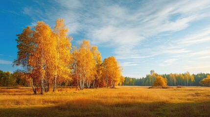 Fototapeta premium Autumn Birch Forest. Golden-leaved birch trees in a field with a cloudy sky. Used in seasonal decor or nature photography to evoke autumn’s tranquility.
