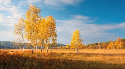 Fototapeta premium Autumn Birch Forest. Golden-leaved birch trees in a field with a cloudy sky. Used in seasonal decor or nature photography to evoke autumn’s tranquility.