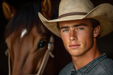 Handsome cowboy and his brown horse pose for portrait