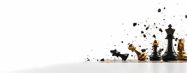 Chess Pieces: A strategic composition showcasing the pieces with artistic debris that symbolizes strategy, competition, and intellect in game