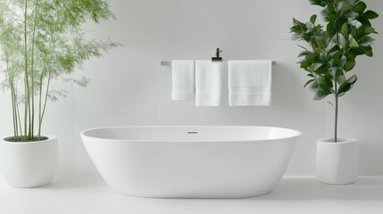Fototapeta premium Modern, minimalist bathroom with a freestanding bathtub and lush greenery