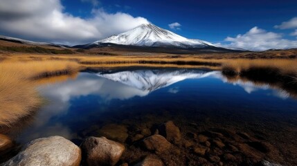 Majestic snow-capped volcano reflecting in a tranquil lake.  Golden grasses frame the serene scene