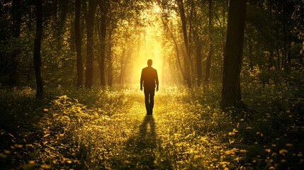 Fototapeta premium Man Walks Forest Path Sunlight