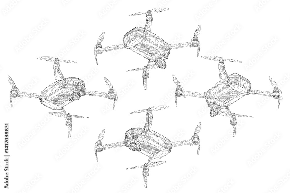 Poster four drones are flying in a row. the drones are all the same size and shape. they are flying in a st