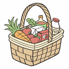 Fototapeta premium Hand Drawn Wicker Basket Filled With Fruits Vegetables And Grocery Items