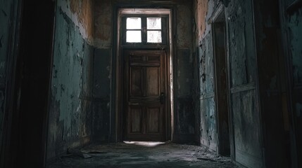 Abandoned hospital hallway, weathered door