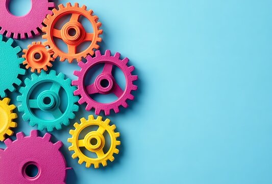 Colorful plastic gears on light-blue background. Represents mechanical education or teamwork metaphors. Used in STEM kits or creative decor, symbolizing interconnected systems