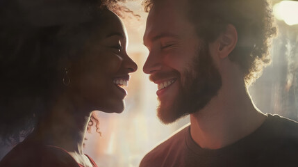 Close-up of a happy interracial couple enjoying their new home on moving day, laughing and unpacking