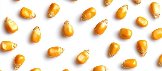 Yellow Corn Kernels on a White Background Displaying Freshness and Natural Food Source for Cooking, Healthy Eating, and Agricultural Products