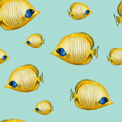 Naklejka premium Butterflyfish seamless pattern. Colorful tropical fish. Watercolor hand drawn illustration isolated on background. For designers, postcards, greetings, birthday, calendar, wallpapers, wrapping paper,