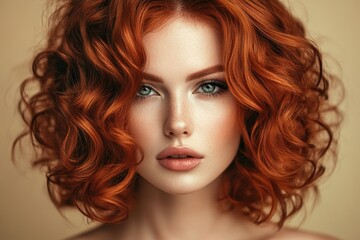 Fototapeta premium Hair Fashion. Beautiful Model Girl with Red Curly Hair and Coiffure Makeup