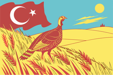 41 Surreal painting, turkey bird, Turkish flag, wheat field, blue sky, realistic details, vibrant colors, patriotic symbolism, oil painting style, dramatic lighting, golden grass, red and white flag, 