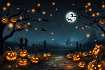 A Halloween night scene featuring pumpkins, bats, and a full moon casting an eerie glow.