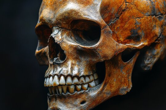 Aged and detailed human skull with visible teeth stands out