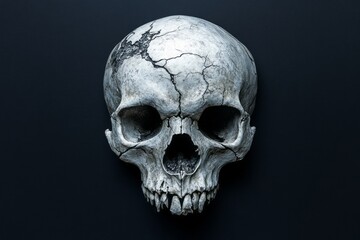 Obraz premium Weathered human skull isolated on a dark solid background