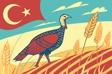 Fototapeta premium 41 Surreal painting, turkey bird, Turkish flag, wheat field, blue sky, realistic details, vibrant colors, patriotic symbolism, oil painting style, dramatic lighting, golden grass, red and white flag, 