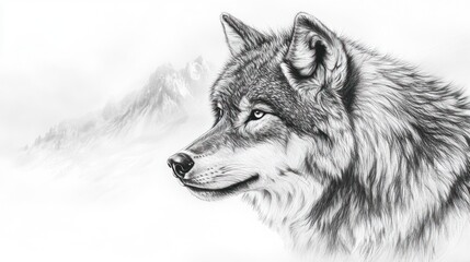 Naklejka premium Majestic Wolf Pencil Drawing, Mountain Background