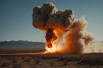 An enormous explosion creates a dramatic mushroom cloud of smoke and flames in the desert air.