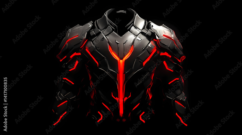 Poster technological armor: a futuristic high-tech suit of armor glowing with neon lights. it’s a symbol of