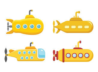Naklejka premium Submarine icon set collection in cartoon flat style. Bathyscaphe vector illustration on isolated background. Underwater transport sign business concept.