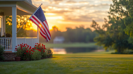 American Flag Sunset Suburban House Porch