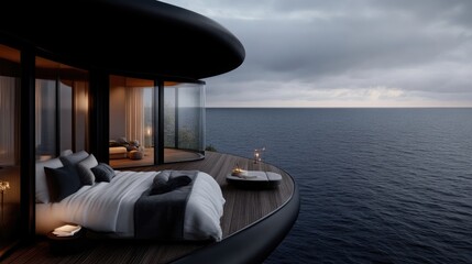 Fototapeta premium Coastal contemporary bedroom with ocean views