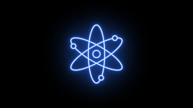 Neon atom icon, flickering emergence and fading. Glowing neon atom model icon, looped animation. Atomic core structure, nuclear energy, science research, education. Violet blue azure colors