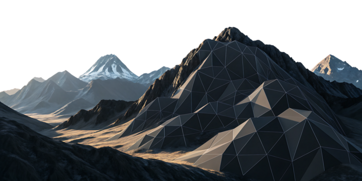 Low-Poly Mountain Landscape with Valley and Snow-Capped Peak - Isolated on White Background as Transparent. PNG. AI GENERATED