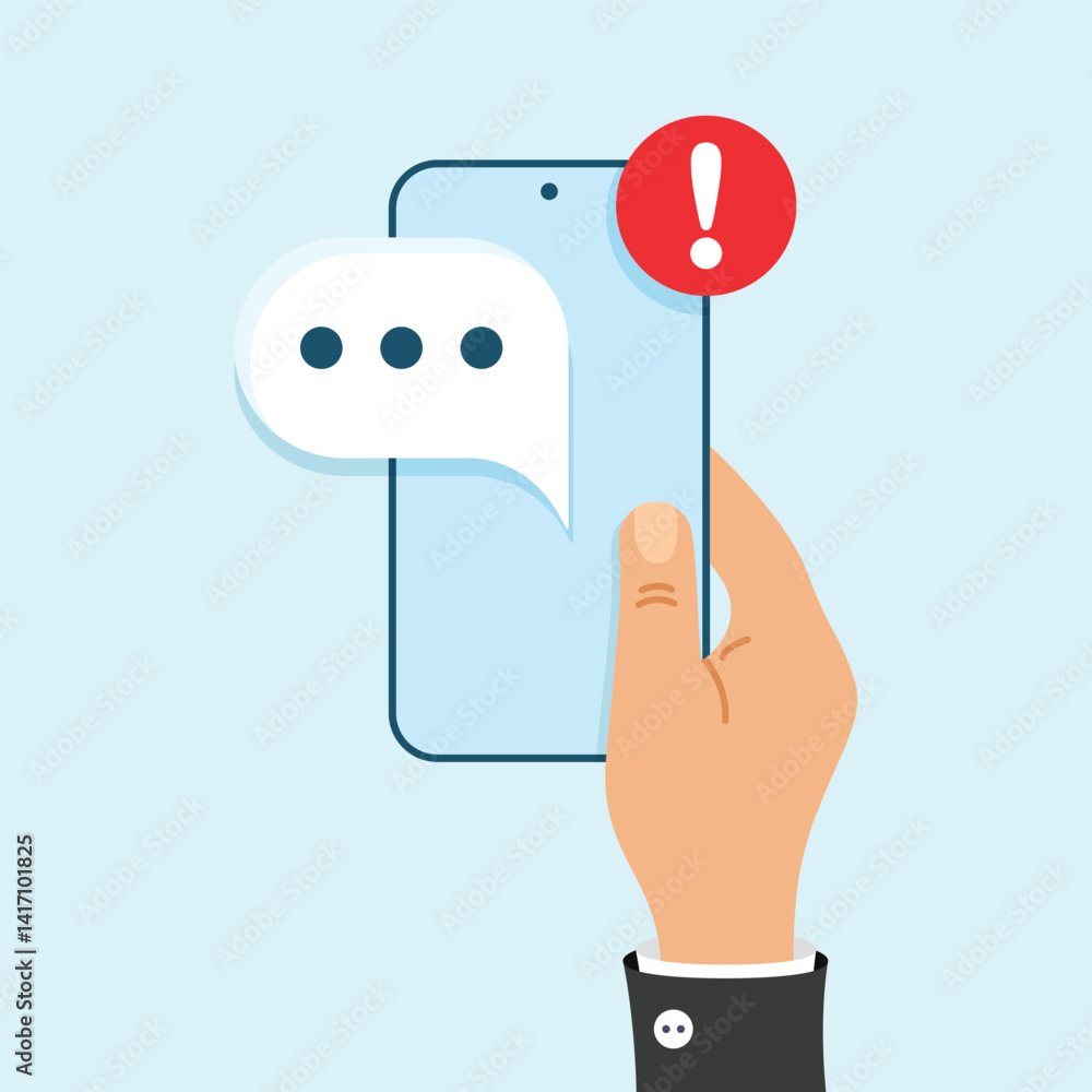 Poster hand holds phone with notifications icon in flat style. smartphone with new notice vector illustrati