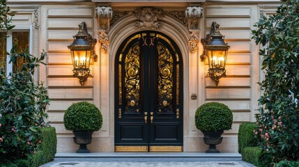 Ornate entryway elegant, arched door, detailed stonework, flanking lights, and manicured greenery