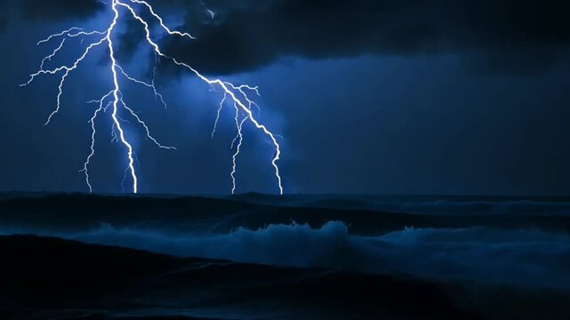Lightning storm over ocean waves dramatic sky nature power weather strike thunderstorm electrical 100 char