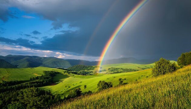 Vibrant double rainbow over rolling green hills and stormy sky landscape - Powered by Adobe