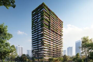 Modern Eco-Friendly Skyscraper with Green Terraces and Blue Sky